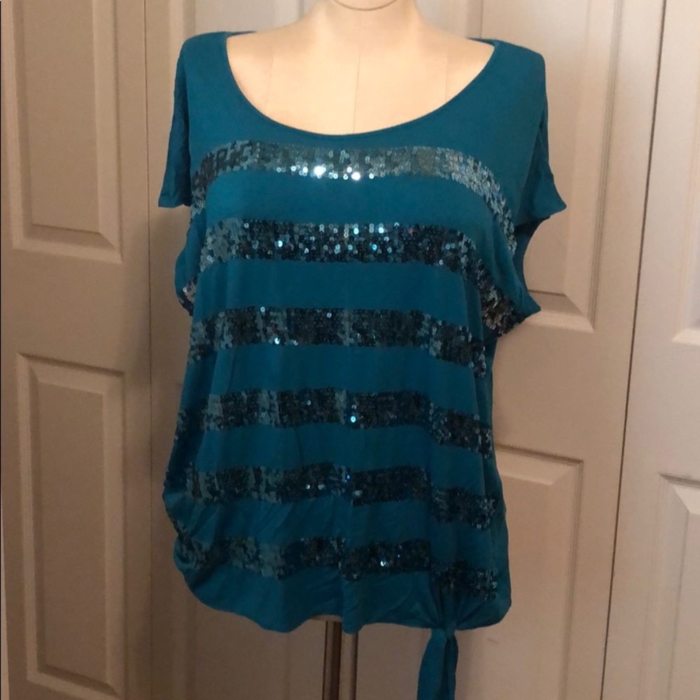 INC Teal T-shirt with sequin striped sparkle